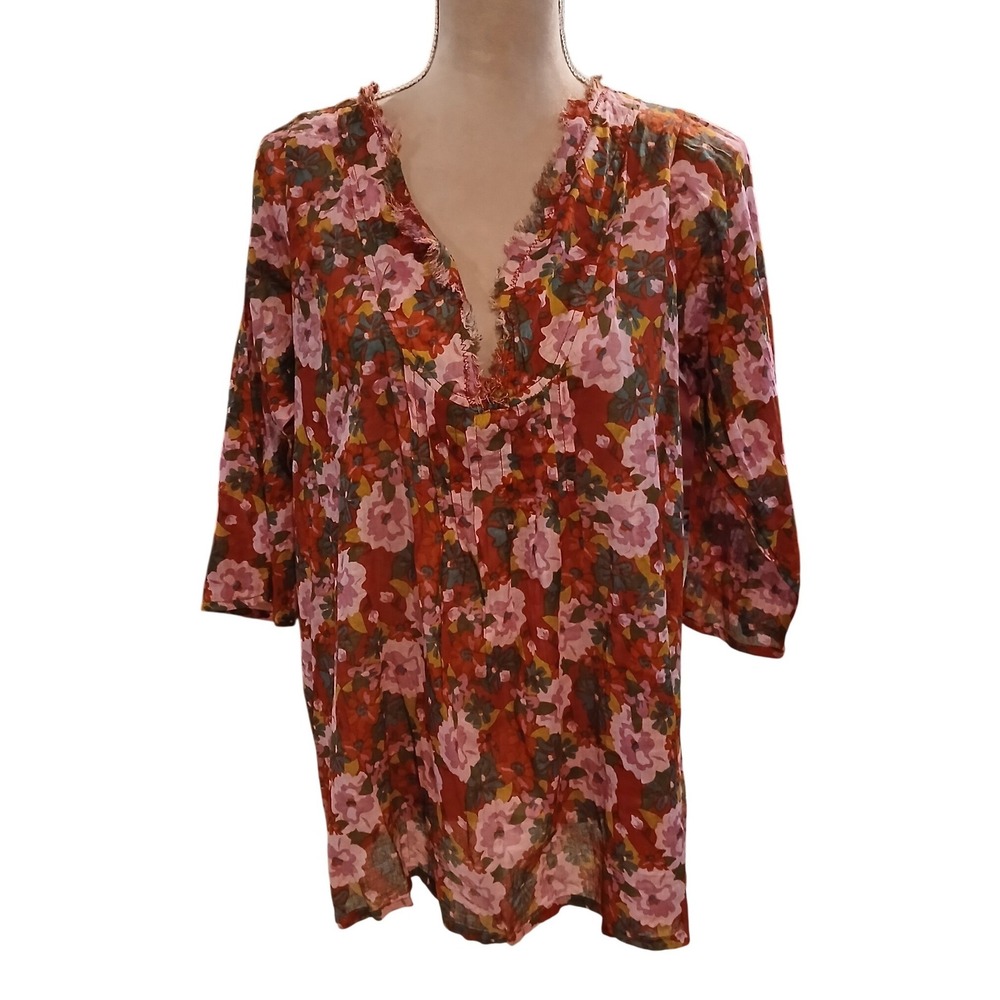Floral Pink and Brown V-Neck Women's Blouse